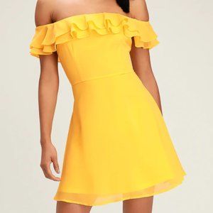 Lulus Yellow Ruffle Off-Shoulder Dress, XS